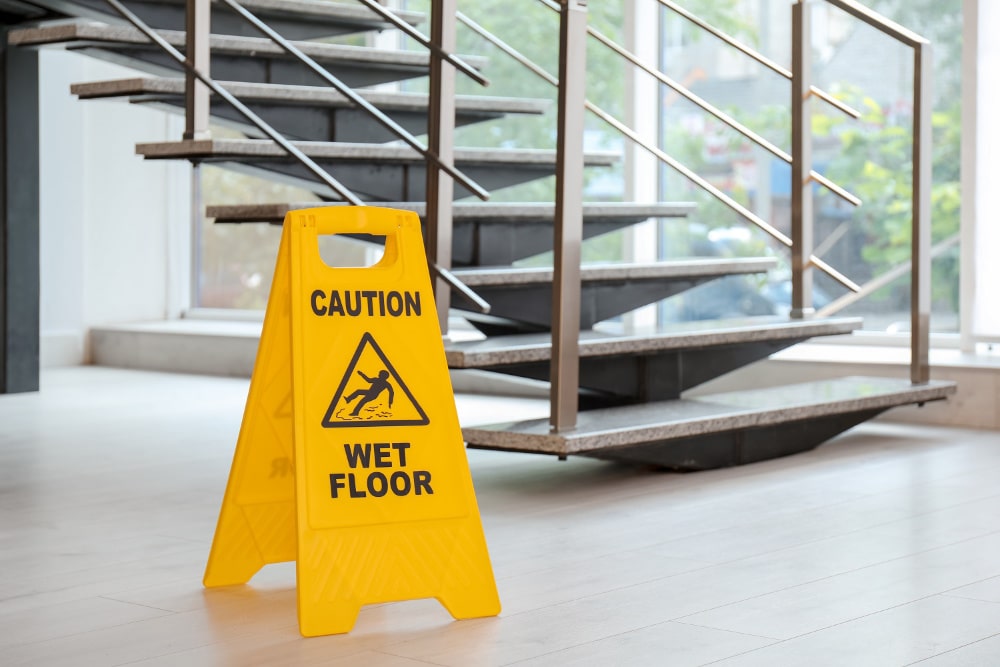 Safety Sign With Phrase Caution Wet Floor Near Stairs. Cleaning